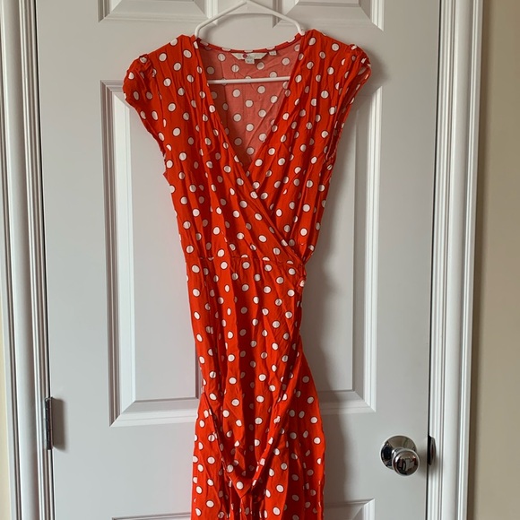 boden orange polka dot dress Amber Pleat Jersey Midi Dress - Burnt Orange, Painted Dot